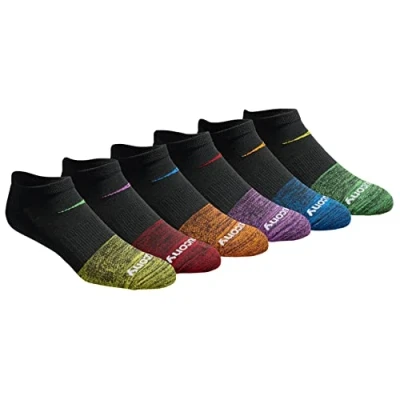 Image of Saucony Men&#039;s 6 Pairs Performance Comfort Fit No Show Socks Multi Pack Mesh Ventilating Socks, Fashion Tipped Black (6 Pairs), Shoe Size: 9