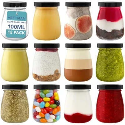 Image of HEFTMAN Small Glass jars with Lids Set of 12 100ml Empty Airtight Shot Bottles Travel Size Leak Proof Pudding Pots, Yogurt Mini Honey Jars, Jam (100ml)