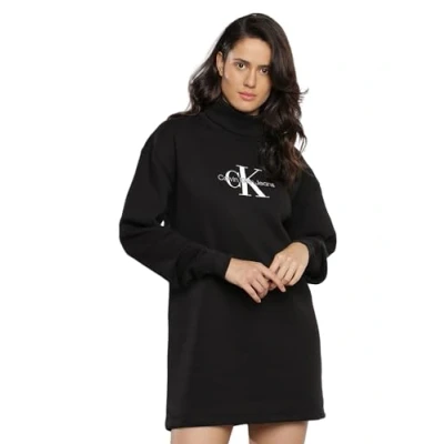 Image of Calvin Klein Jeans Women Sweater Dress Monologo Roll Neck Long Sleeve, Black (Ck Black), XXS