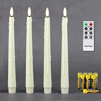 Image of Rhytsing Natural White Flameless Battery Operated Taper Candles Drip Design with Timer, Warm Light, Remote &amp; Batteries Included Set of 4 24.5cm