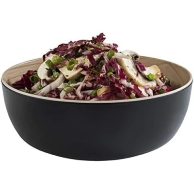 Image of APS „Frida“, Almost Unbreakable, Round Melamine Bowl, Stable Plastic Ø 21,5 cm x H: 7,5 cm, Salad Cereal Inside Wooden Look, Outside Black, Dishwasher Safe