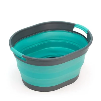 Image of SAMMART 23L Collapsible Plastic Laundry Basket Oval Tub/Basket Foldable Storage Container/Organizer Portable Washing Tub Space Saving Hamper (Grey/Crystal Blue)
