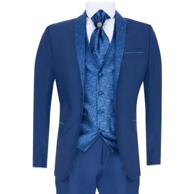 Image of Mens 4 Piece Wedding Suit Groom Vintage Shawl Collar Blue Cravat Tailored Fit 50/44W