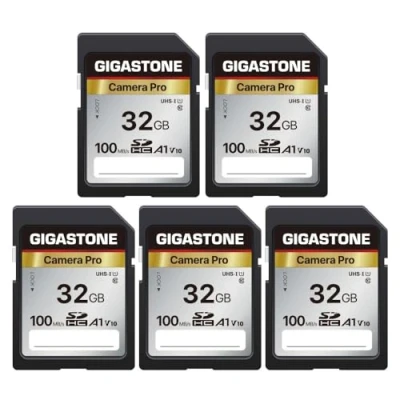 Image of Gigastone 32GB SDHC Memory Card, Pro Series Camera, Pack of 5 Cards, Speed Up to 100MB/s, Compatible with Canon Nikon Sony Camcorder, A1 U1 V10 UHS I Class 10 Camera for Full HD Video