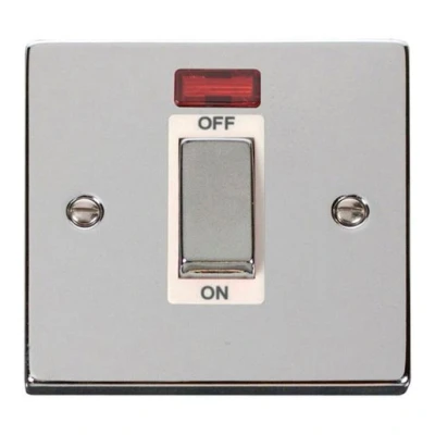 Image of Click Scolmore Decorative 45 A Ingot 1 Gang Double Pole Switch with Neon Polished Chrome White VPCH501WH
