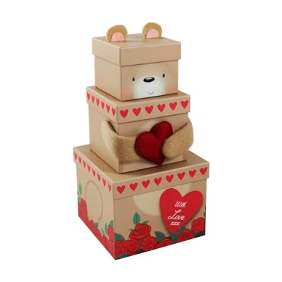 Image of Eurowrap Set of 3 Valentines Love Bear Novelty Stackable Nest Gift Boxes Present Cute Characters Hamper Brown