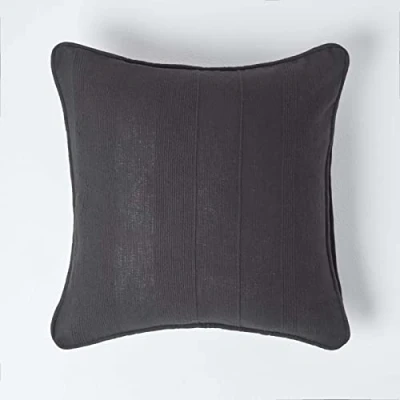 Image of HOMESCAPES Rajput Ribbed Cushion Cover 24 x Inches (60 60cm) Black 100% Cotton Coordinating with Throws and Curtains Easy care Washable at home