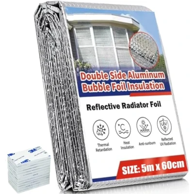 Image of KAHEIGN Radiator Insulation Foil, 5m x 60cm Bubble Foil Reflector 4mm Thickness Heat Reflective Wrap with 12Pcs Adhesive Pads Cover 3+ Radiators