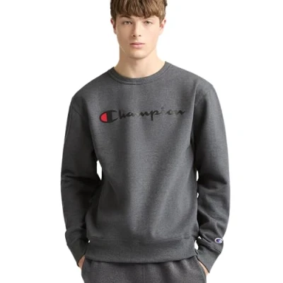 Image of Champion Men&#039;s Graphic Powerblend Fleece Crew Sweatshirt, Granite Heather Script, Medium