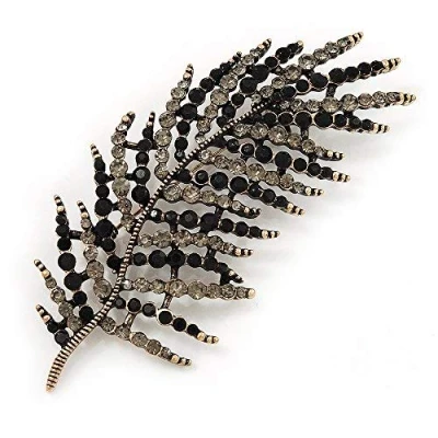 Image of Avalaya Stunning Large Crystal Leaf Brooch in Antique Gold Metal (Jet Black/Grey) 9cm Length
