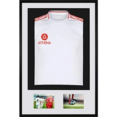 Image of Athena Premium Wood DIY Adult 3D Mounted + Double Aperture Sports Shirt Display Frame for Football Shirt, Rugby Shadow Box 61 x 91.5cm Black Frame, White Mount, Backing Card