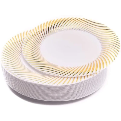 Image of MATANA 20 Premium White Plastic Dessert Plates with Gold Rim, 18cm / 7 Inch Elegant &amp; Reusable Small Side Plates, Starter for Weddings, Birthdays, Picnic, BBQ, Parties