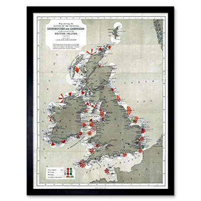 Image of Wee Blue Coo Map Antique 1884 Price Lighthouses Lightships British Isles Art Print Framed Poster Wall Decor 12X16 Inch