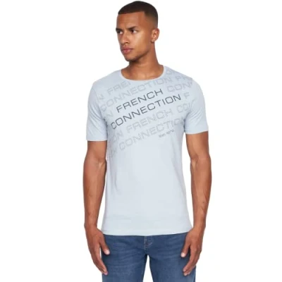 Image of French Connection Mens Premium Half Sleeve Crew Neck T Shirt with Letter Print Logo Design(XL,Weaver Light Blue)