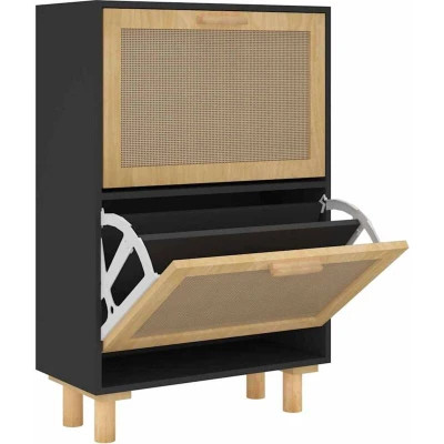 Image of vidaXL Scandinavian Shoe Cabinet, Black Engineered Wood &amp; Natural Rattan, 2 Drawer Pull down Design, Ample Storage, Easy Assembly, Strength Moisture Resistant
