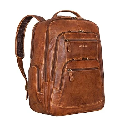 Image of STILORD &#039;Igor&#039; Leather Backpack Large Men and Women Laptop 18 Inches Business Travel Teachers Bag, Colour:Brandy Cognac