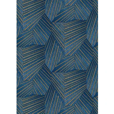 Image of Striped Geometric Blue Gold Art Deco Metallic Wallpaper