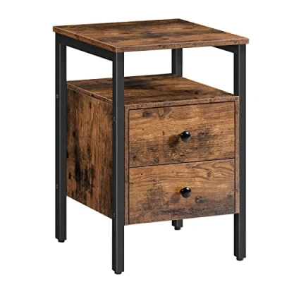 Image of HOOBRO Bedside Table with 2 Drawers, Industrial Sofa Side End Table, Nightstand, Storage Shelves, for Living Room, Bedroom, Accent Furniture, Easy Assembly, Rustic Brown EBF43BZ01G2