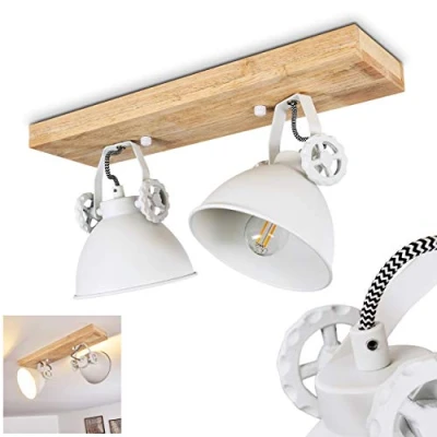 Image of hofstein Ceiling lamp Svanfolk, Metal/Wood in White/Nature, 2 Flame, with Adjustable spotlights, x E14 Socket, Retro/Vinatge Design, Without Bulbs