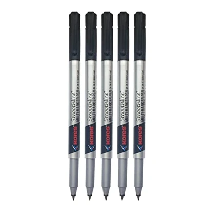 Image of Kores SmoothPlus Permanent Markers, Fine Tip, BLACK, Pack of 5, CD DVD OHP Multi Marker Pens, Waterproof Ink, PATEL Black Ball Pen