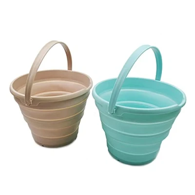 Image of SAMMART 10L Collapsible Plastic Bucket Foldable Round Tub Portable Fishing Water Pail Space Saving Outdoor Waterpot, Size 33cm Dia (Lake Green + Apricot)