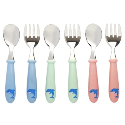 Image of EXZACT Kids Cutlery 6pcs Stainless Steel 18/10 Children&#039;s Toddler 3 x Forks, Spoons Dishwasher Safe BPA Free Dolphin