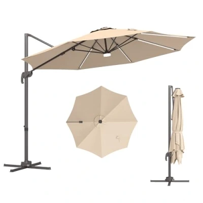 Image of Outsunny 3(m) Cantilever Roma Parasol Garden Sun Umbrella Outdoor Patio with Crank &amp; Tilt Aluminium Frame LED Solar Light Cross Base 360 Rotating, Brown