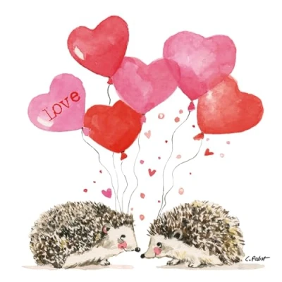Image of 20 Napkins Animal Motifs Hedgehog with Heart Balloons as Table Decoration Paper Motif Also for Decoupage and 33 x cm