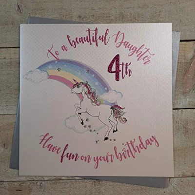 Image of white cotton cards XR31 4 Large&quot;to a Beautiful Daughter, Have Fun on Your 4th Birthday&quot; Handmade Card