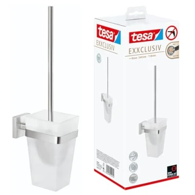 Image of tesa EXXCLUSIV Toilet Brush Holder Wall Mounted, Stainless Steel with Bowl in Frosted Glass Design Waterproof, incl. Power.Kit Adhesive Solution 445mm x 98mm 138mm
