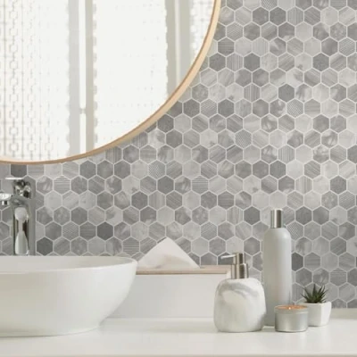 Image of Holden Talara Tiles Hexara Vinyl Hexagonal Design Honeycomb Mosaic Style Pattern Wallpaper with Metallic Finish Ideal for Kitchens Bathrooms Feature Walls Living Rooms Grey (89401)