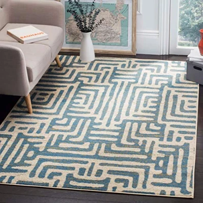 Image of SAFAVIEH Modern Abstract Rug for Living Room, Dining Bedroom Amsterdam Collection, Short Pile, in Ivory and Light Blue, 201 X 279 cm