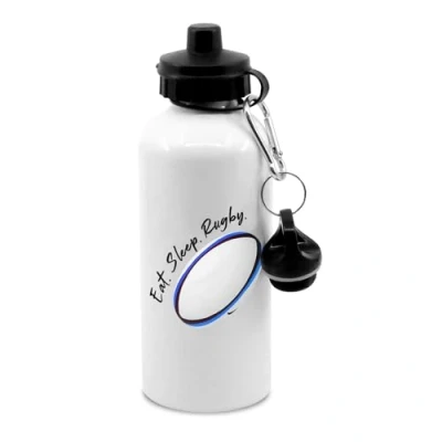 Image of Eat sleep rugby water bottle with clip, ball, hydrate, water, drinks bottle, cup, sports
