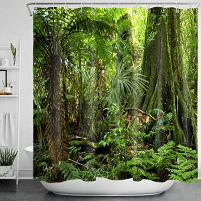 Image of LB Green Rainforest Shower Curtain 71x71 inch Tropical Forest Bath Palm Tree Exotic Plant Foliage in Jungle Bathroom Decor with Hooks,Waterproof Anti Mould Polyester Fabric
