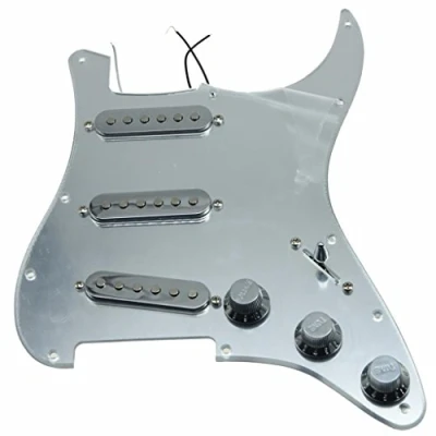 Image of KAISH Loaded American ST/Strat Style SSS Pickguard Prewired Pick Guard With Ceramic Pickups for Stratocaster/Strat Silver Mirror Chrome Covers and Knobs