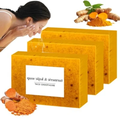 Image of Kojic Acid Soap Original, Turmeric Soap, Organic Bar, Brightening Lemon &amp; Smooth Skin, Fades Freckles, Nourishing for Face Body (3PCS)