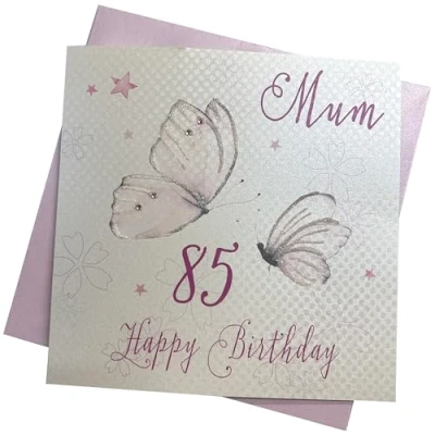 Image of white cotton cards Handmade 85 Mum Have a Wonderful Vintage Butterflies 85th Birthday Card, White, PM85
