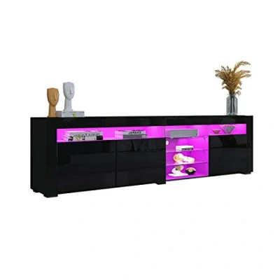 Image of Senvoziii LED TV Stand High Gloss Sideboard Cabinet Entertainment with 3 Doors and Glass Shelves for Living Room Furniture Black