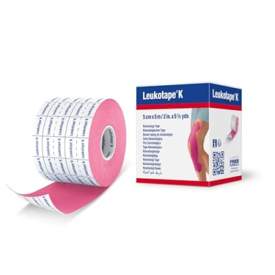 Image of Leukotape K Kinesiology Tape Water Repellent, Skin Friendly, Stays in Place for up to 9 Days 5cm x 5m, Pink, 1 Roll