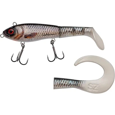 Image of Abu Garcia Svartzonker McHybrid, Fishing Hook, Hard Lures, Predator Fishing, Pike, Bait Supplied with Paddle Tail and Curl TailUnisex, Real Roach, 100g 200mm