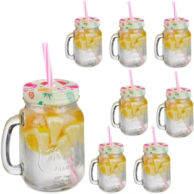 Image of Relaxdays Set of 8 Drinking Glasses, Lids &amp; Straws, Fruit and Flamingo Motif, 500ml, Summer, Jars with Handle, Colourful