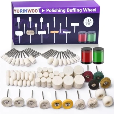 Image of 114Pcs Polishing Buffing Wheel with 2 Compound Compatible Dremel, Rotary Tool Accessories, Wool Felt Kit 1/8&quot;(3mm) Shank for Metal Jade Glass Grinding