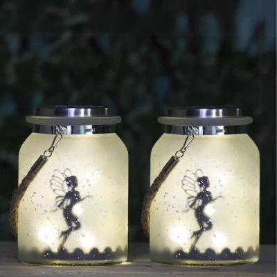 Image of Garden Mile Solar Powered Hanging Fairy Lantern Frosted Glass Light Lamp Outdoor Indoor Mason Jar Lighting 20 LEDs Firefly Lights (2)