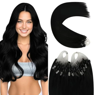 Image of YoungSee Micro Ring Hair Extensions Jet Black Beads Real Human Loop Microlink for School Silky 18inch 50s 50g