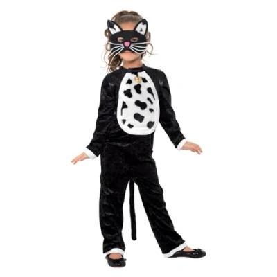 Image of Smiffys Cat Costume, Black with Bodysuit, Bell &amp; Mask, Halloween Child Fancy Dress, Dress Up Costumes
