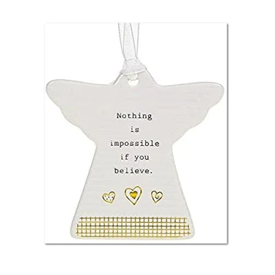 Image of Joe Davies Thoughtful Words Hanging White and Gold Angel Decoration Nothing is Impossible if you Believe Great Gift Idea