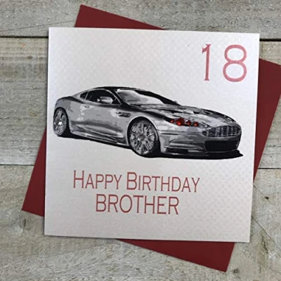 Image of white cotton cards 18 Happy Brother, Hand Finished 18th Birthday Card (Code AA18 B, Sports Car), 16cm x