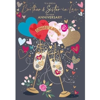 Image of Special Brother and Sister In Law Anniversary Card Champagne Flutes Love Heart Balloons with Embossed Foil Details Eco Friendly by Words Wishes