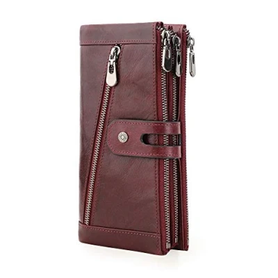 Image of Contacts RFID Women Genuine Leather Zipper Button Long Wallet Lady Card Coin Holder Pocket Phone Clutch Purse (Wine Red)