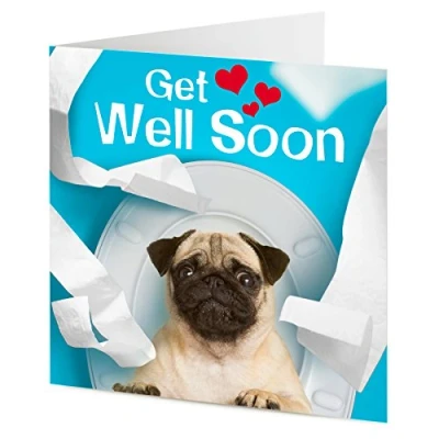 Image of Funny poorly Pug dog sat on the toilet Get well soon card